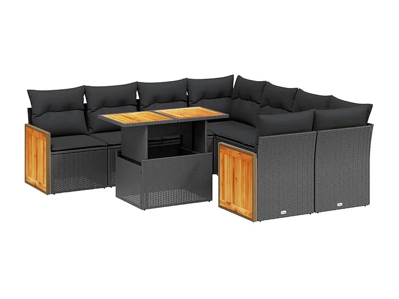 Salon de jardin 9 pcs avec coussins noir résine tressée