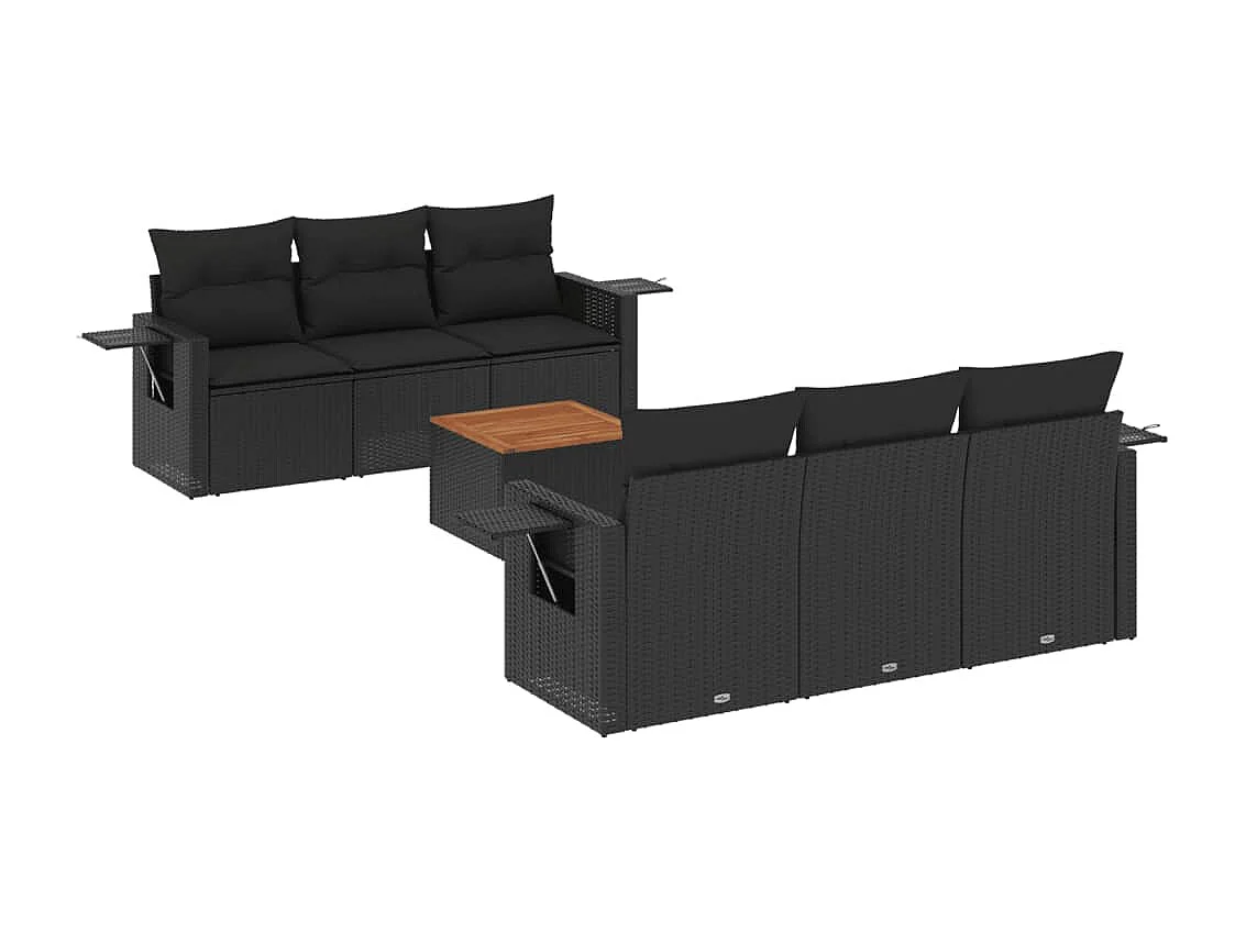 Salon de jardin 7 pcs avec coussins noir résine tressée
