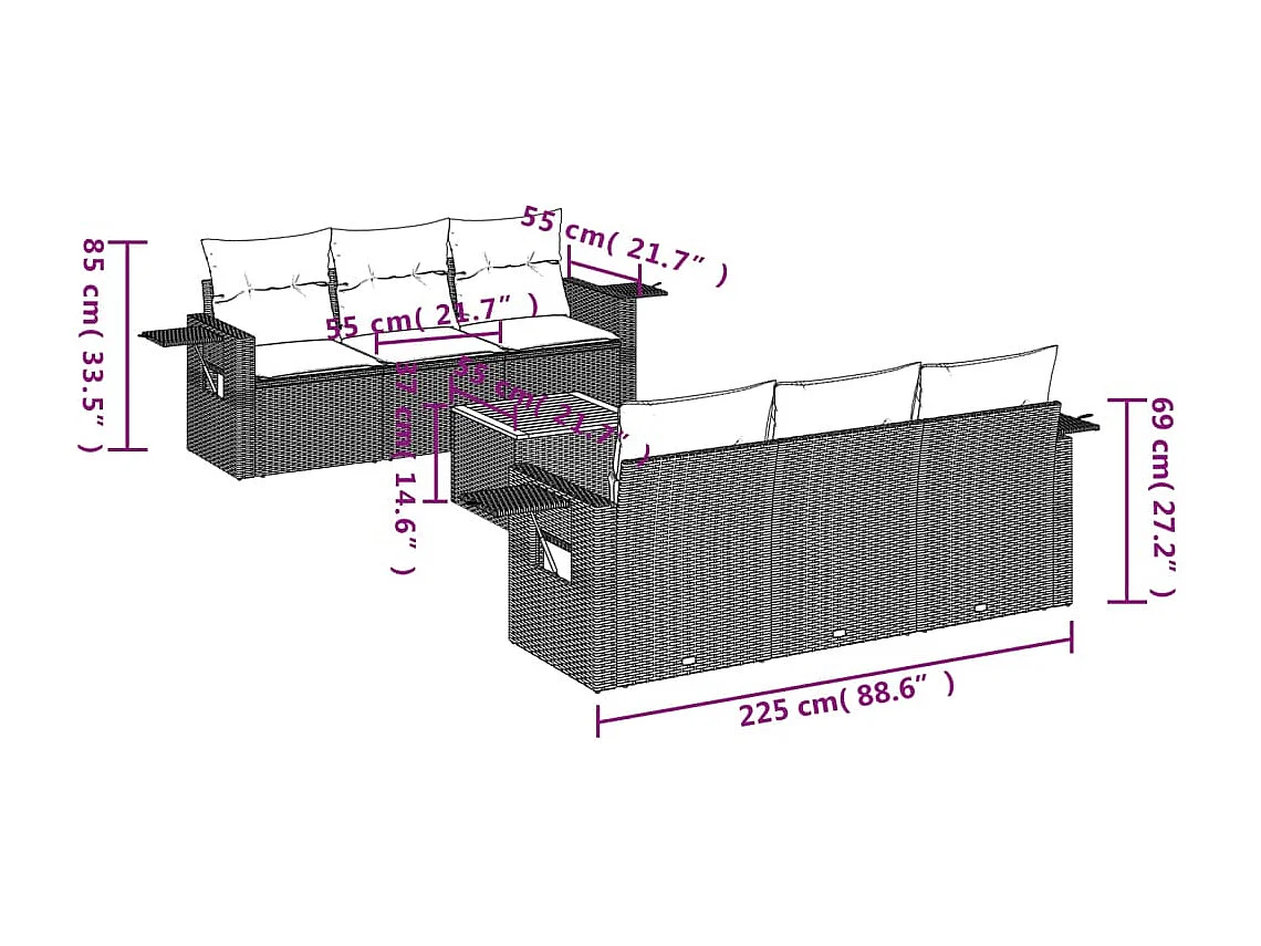 Salon de jardin 7 pcs avec coussins noir résine tressée