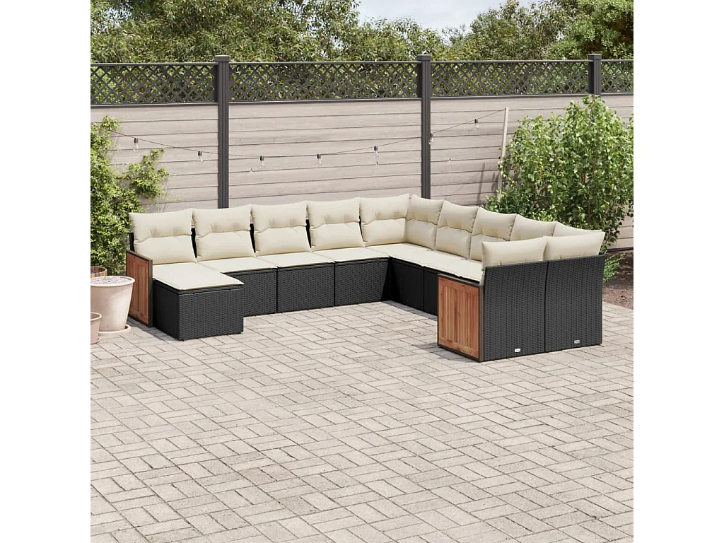 Salon de jardin 11 pcs avec coussins noir résine tressée