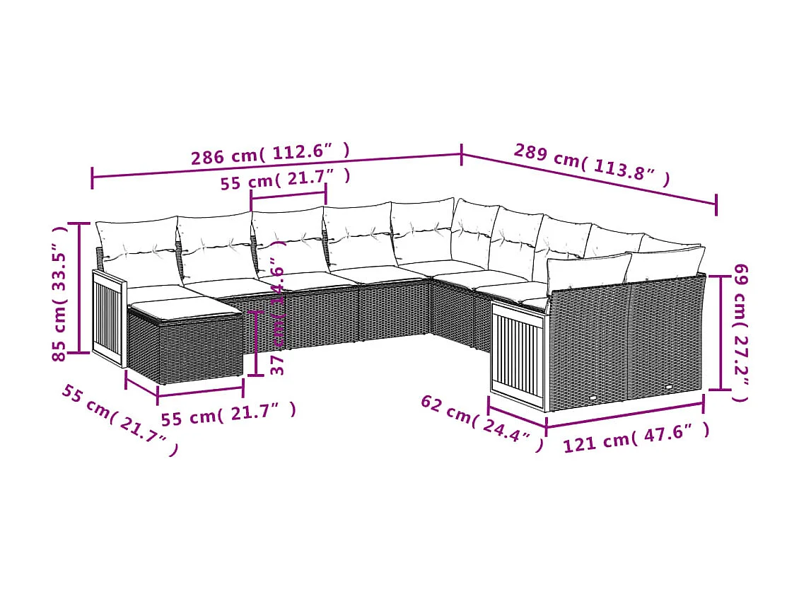Salon de jardin 11 pcs avec coussins noir résine tressée