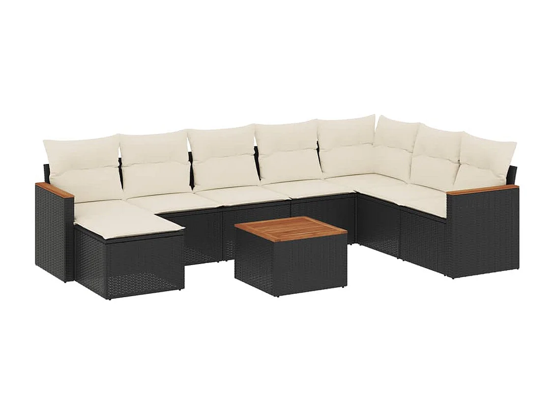 Salon de jardin 9 pcs avec coussins noir résine tressée