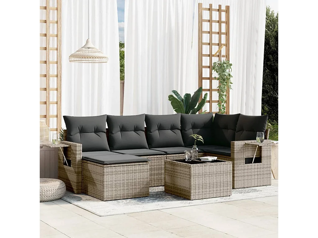 Salon de jardin avec coussins 7 pcs gris résine tressée