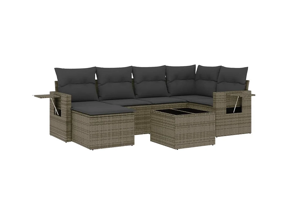 Salon de jardin avec coussins 7 pcs gris résine tressée