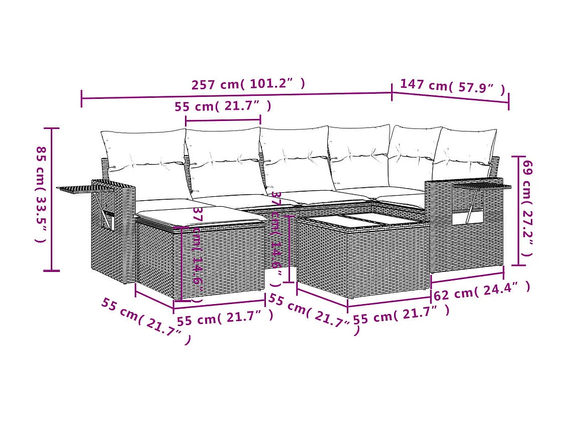 Salon de jardin avec coussins 7 pcs gris résine tressée