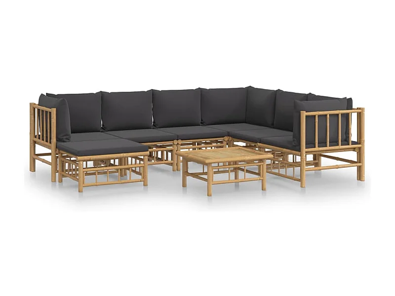 Salon de jardin 8 pcs avec coussins gris foncé bambou