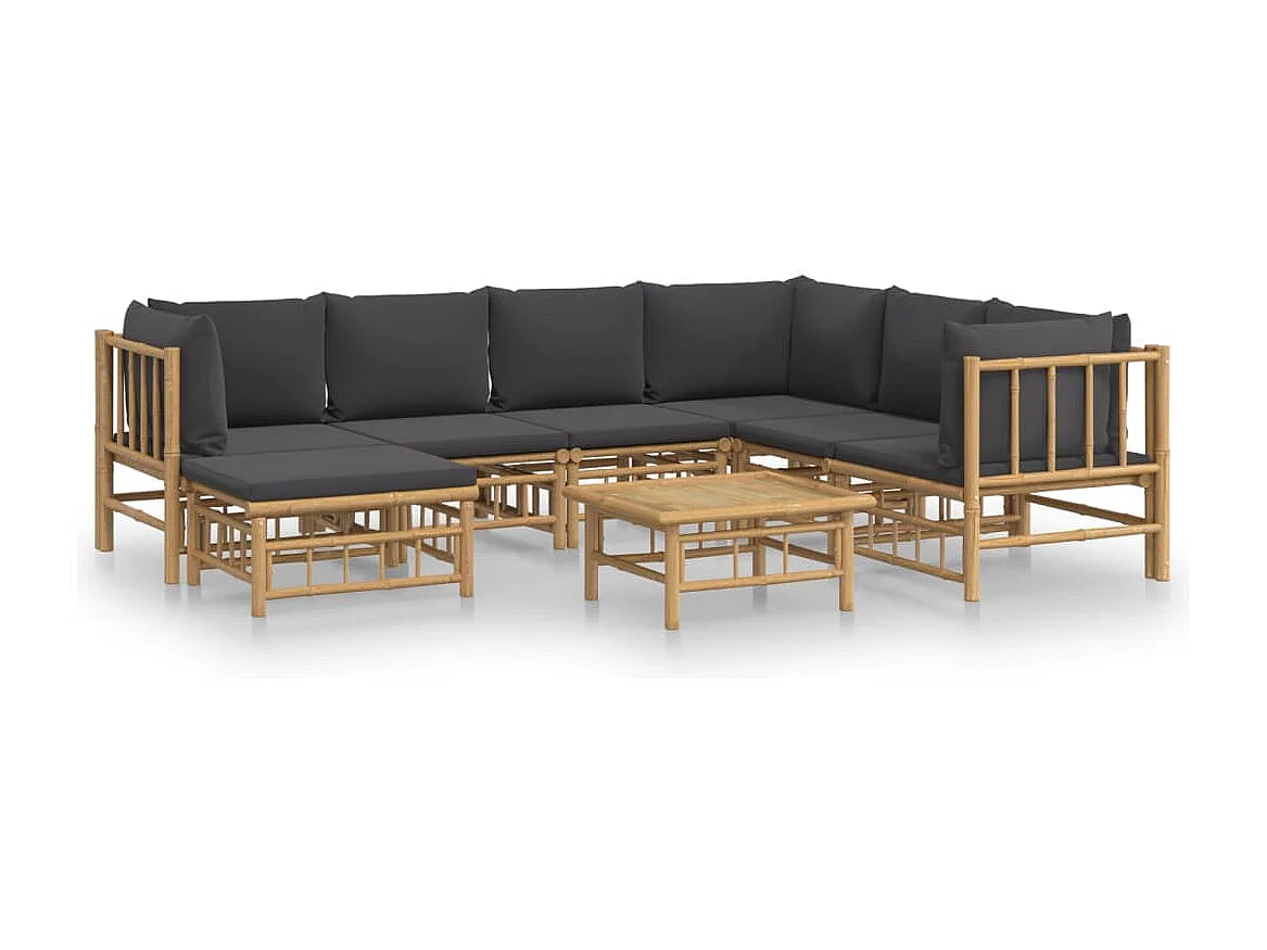 Salon de jardin 8 pcs avec coussins gris foncé bambou