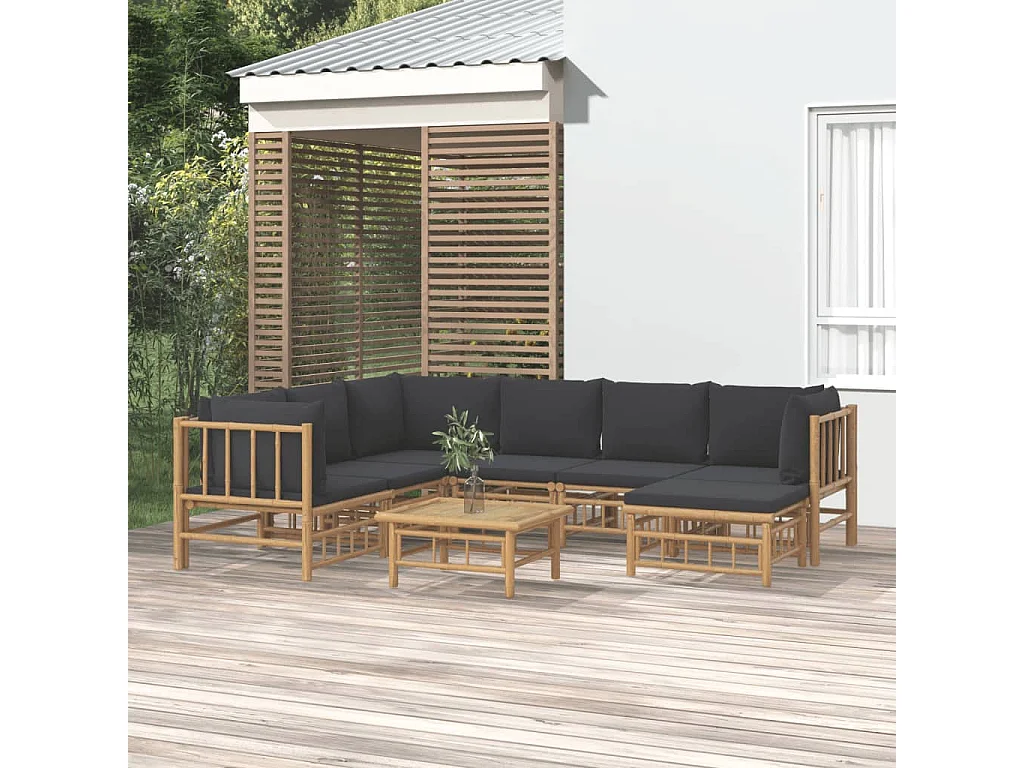 Salon de jardin 8 pcs avec coussins gris foncé bambou