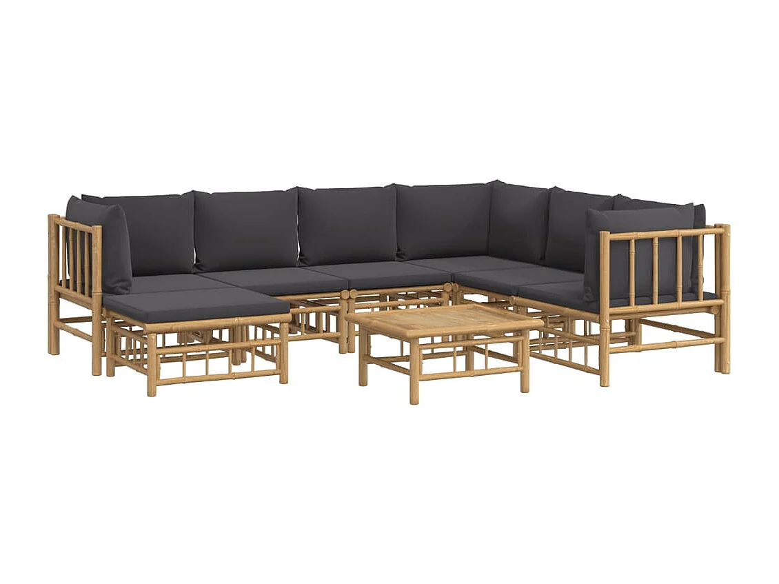 Salon de jardin 8 pcs avec coussins gris foncé bambou