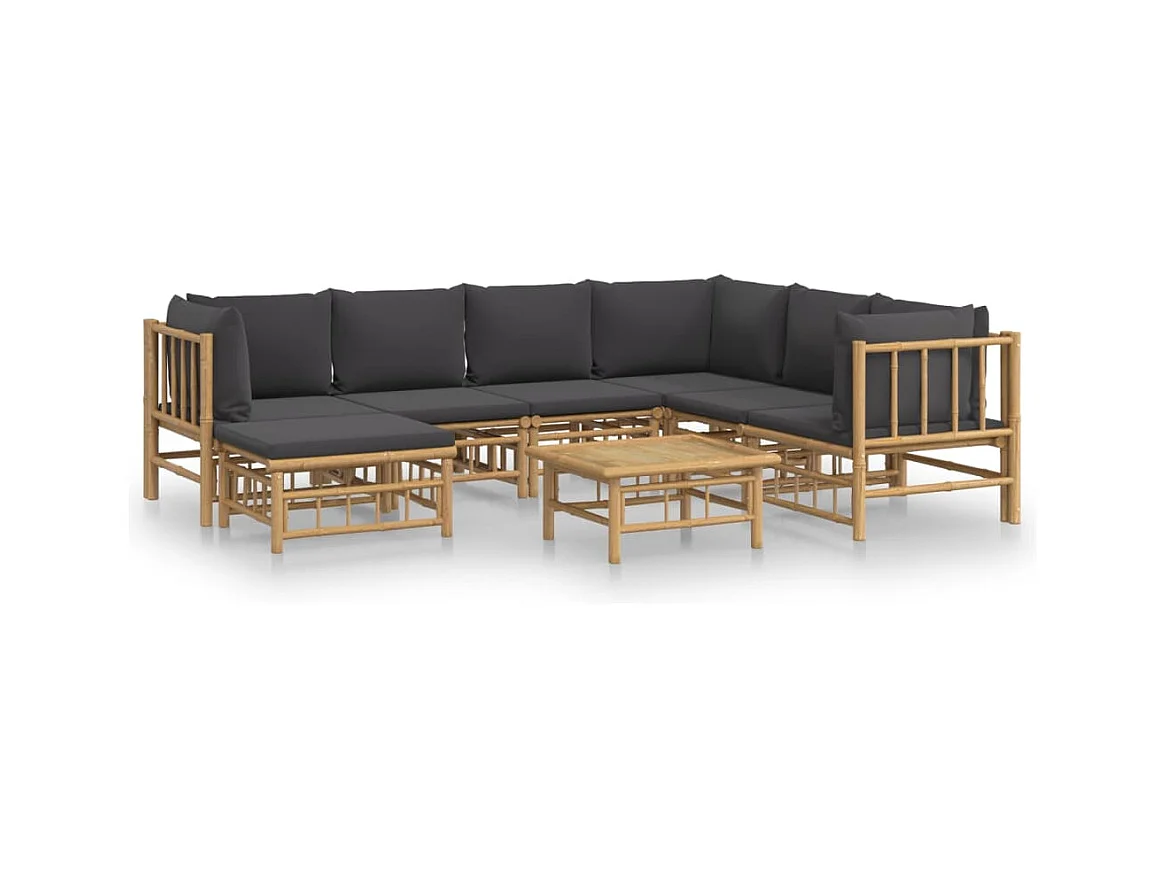 Salon de jardin 8 pcs avec coussins gris foncé bambou