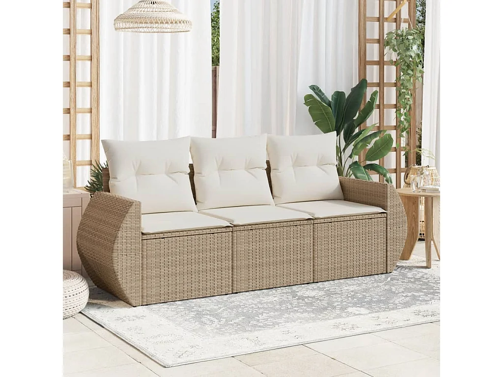 Salon de jardin avec coussins 3 pcs beige résine tressée