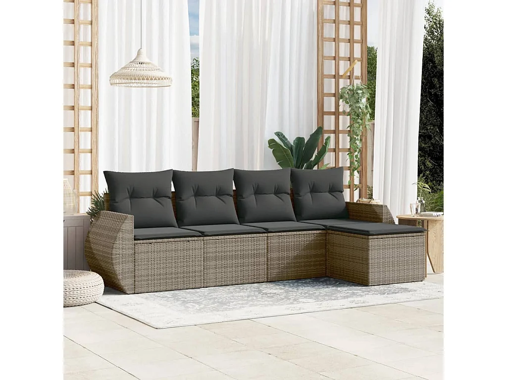 Salon de jardin 5 pcs avec coussins gris résine tressée