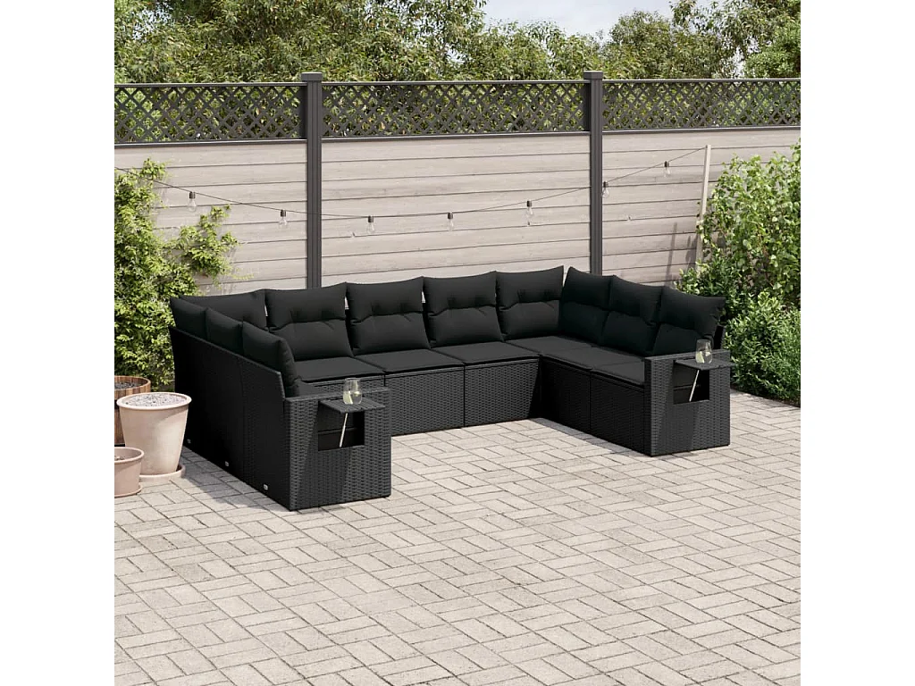 Salon de jardin 9 pcs avec coussins noir résine tressée