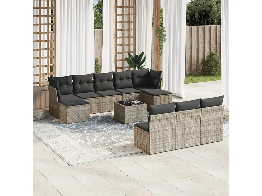 Salon de jardin 11 pcs avec coussins gris résine tressée