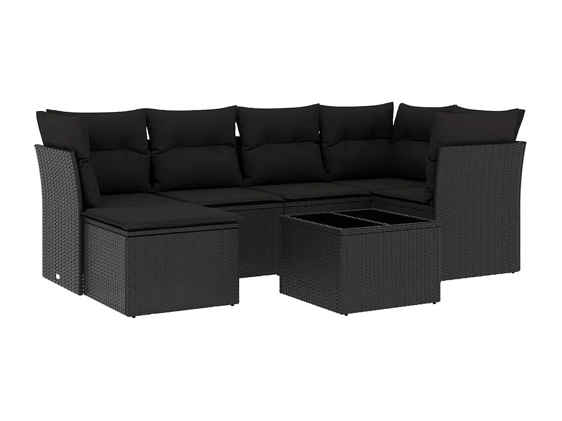 Salon de jardin 7 pcs avec coussins noir résine tressée