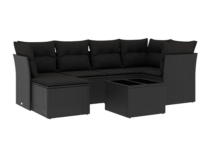 Salon de jardin 7 pcs avec coussins noir résine tressée
