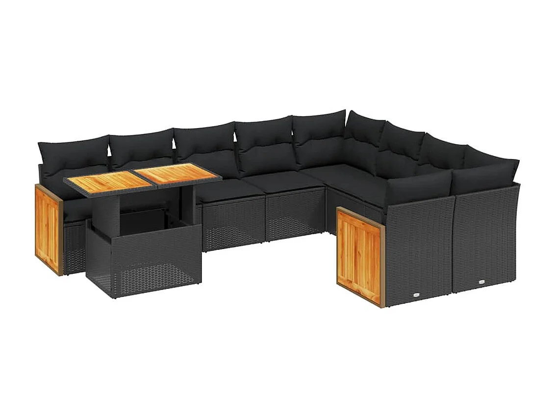 Salon de jardin 10 pcs avec coussins noir résine tressée