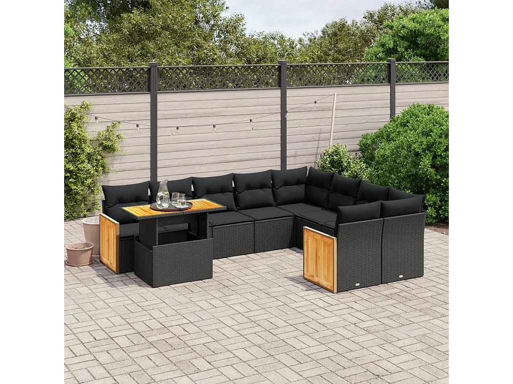 Salon de jardin 10 pcs avec coussins noir résine tressée