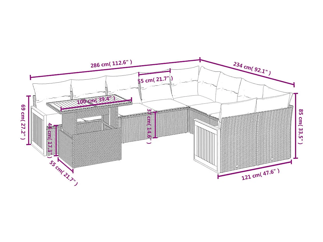 Salon de jardin 10 pcs avec coussins noir résine tressée