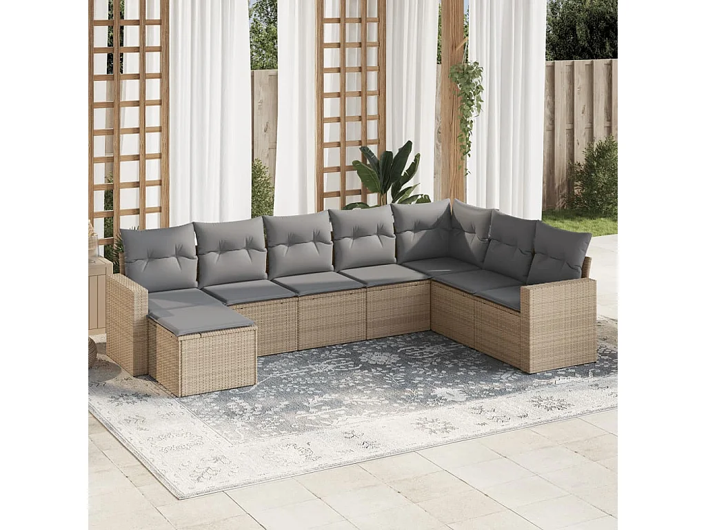 Salon de jardin avec coussins 8 pcs beige résine tressée