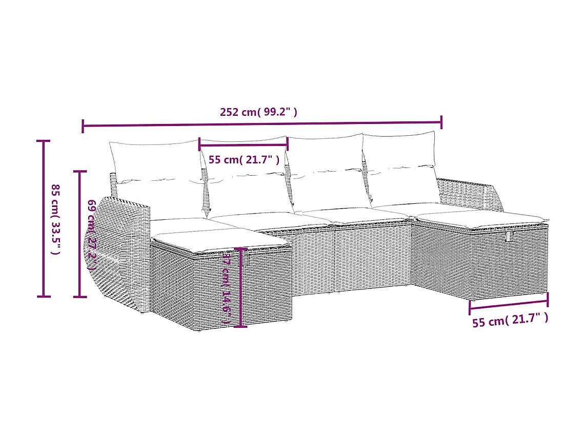 Salon de jardin 6 pcs avec coussins noir résine tressée