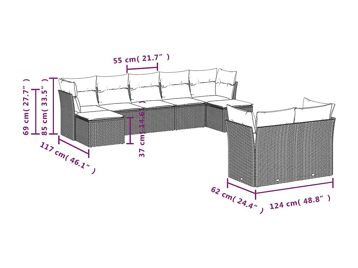 Salon de jardin 9 pcs avec coussins gris résine tressée