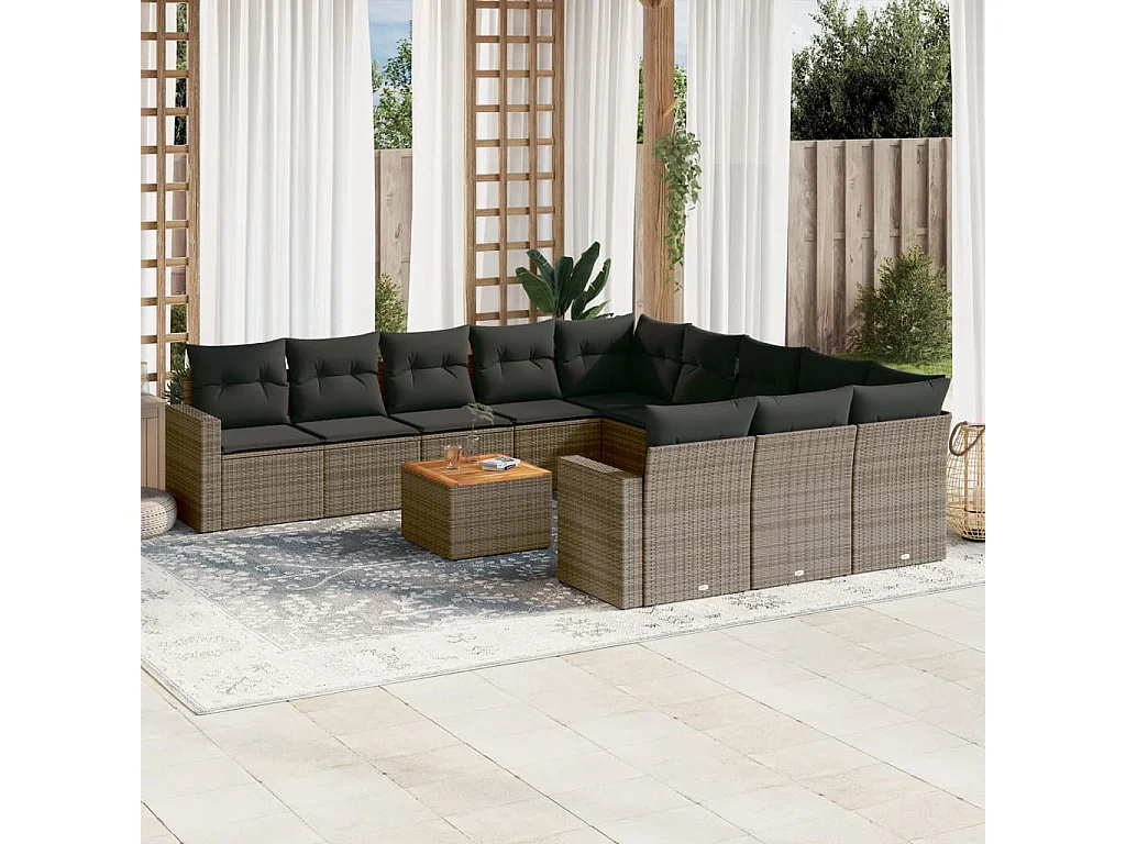Salon de jardin avec coussins 12 pcs gris résine tressée
