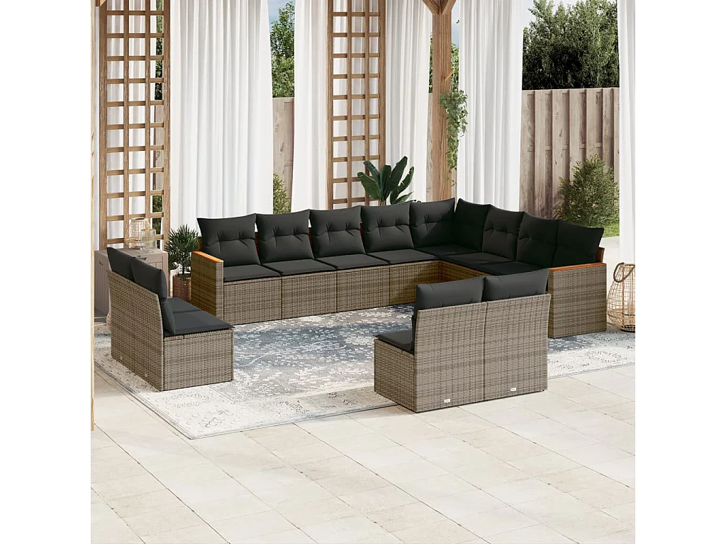 Salon de jardin avec coussins 12 pcs gris résine tressée