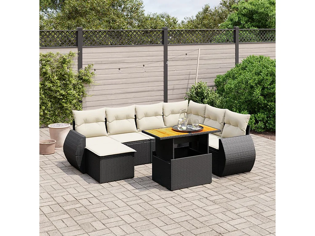Salon de jardin 8 pcs avec coussins noir résine tressée