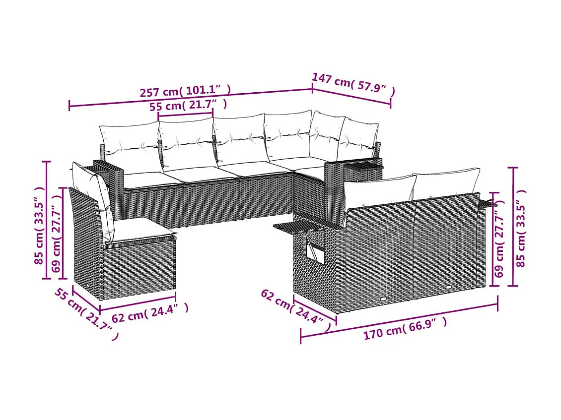 Salon de jardin 8 pcs avec coussins noir résine tressée