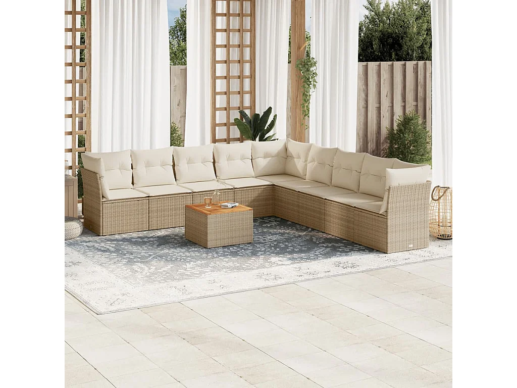 Salon de jardin avec coussins 10 pcs beige résine tressée