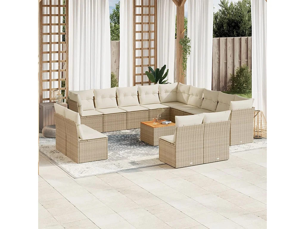 Salon de jardin avec coussins 14 pcs beige résine tressée