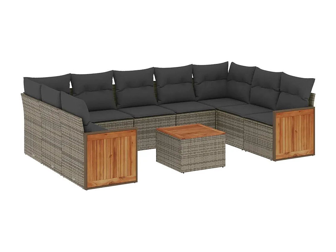 Salon de jardin avec coussins 10 pcs gris résine tressée