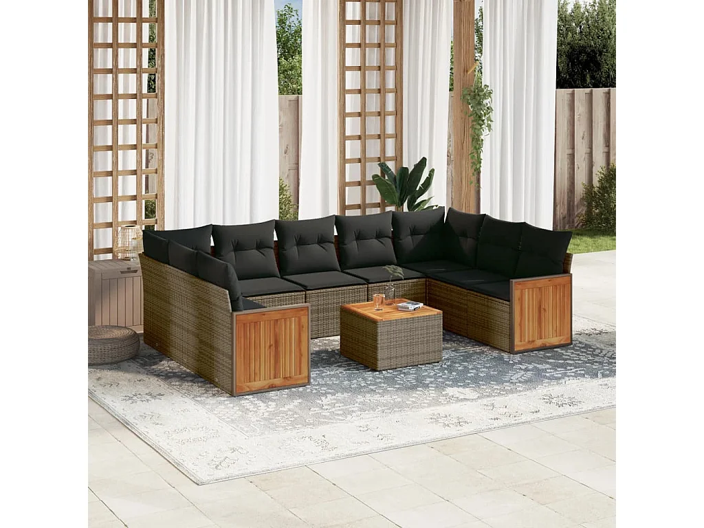 Salon de jardin avec coussins 10 pcs gris résine tressée