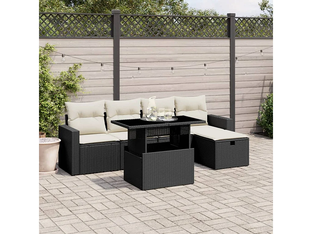 Salon de jardin 6 pcs avec coussins noir résine tressée