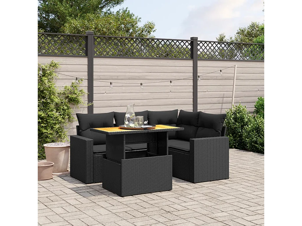 Salon de jardin 5 pcs avec coussins noir résine tressée