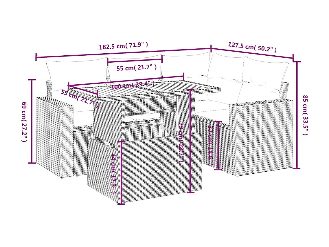 Salon de jardin 5 pcs avec coussins noir résine tressée