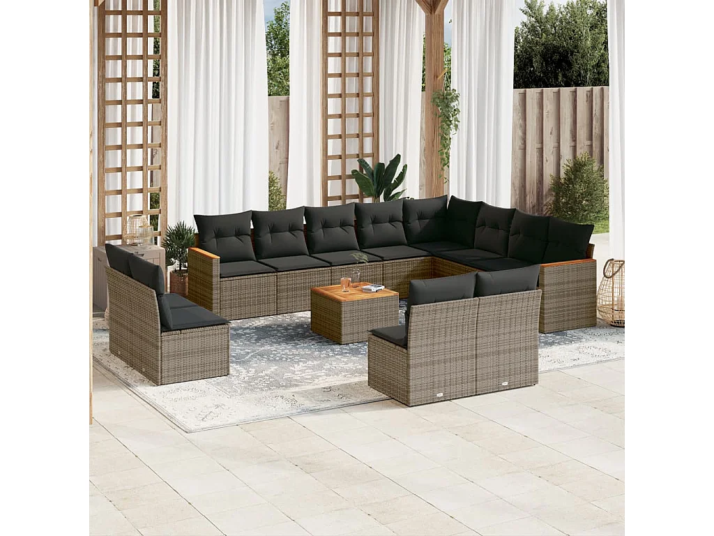 Salon de jardin avec coussins 13 pcs gris résine tressée