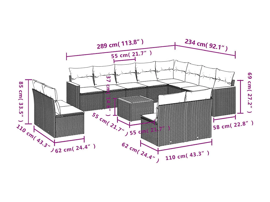 Salon de jardin avec coussins 13 pcs gris résine tressée