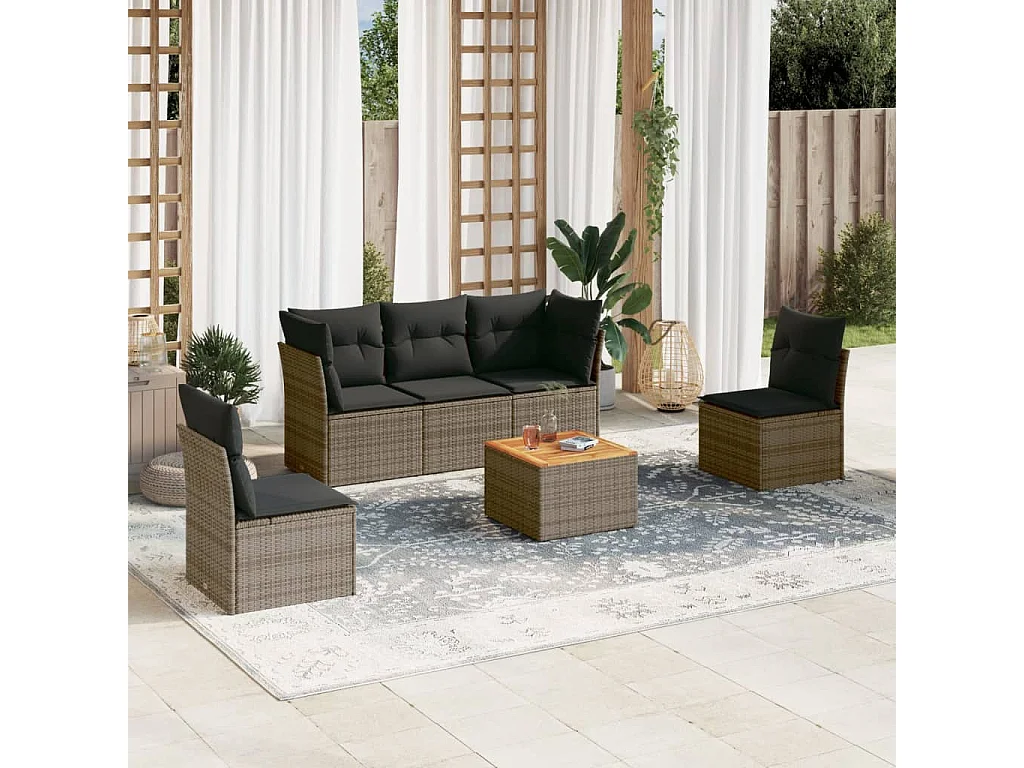 Salon de jardin 6 pcs avec coussins gris résine tressée
