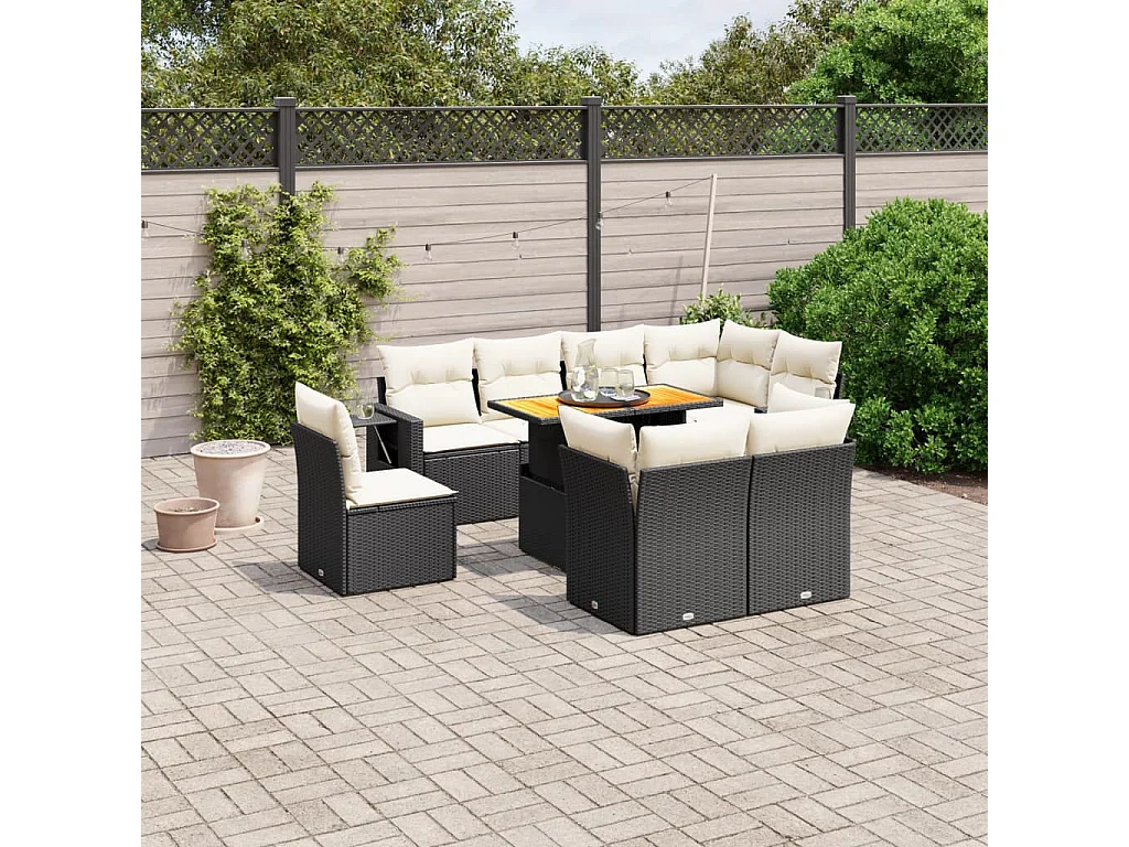 Salon de jardin 9 pcs avec coussins noir résine tressée