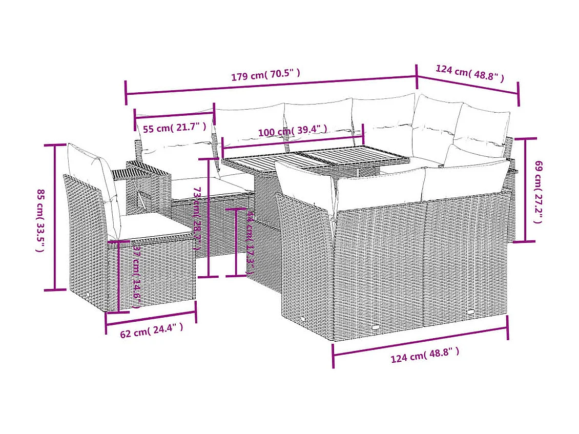 Salon de jardin 9 pcs avec coussins noir résine tressée