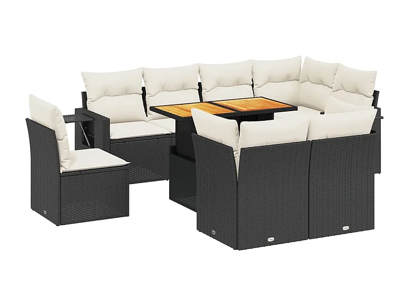 Salon de jardin 9 pcs avec coussins noir résine tressée