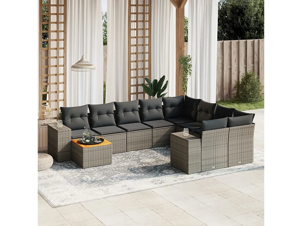 Salon de jardin avec coussins 10 pcs gris résine tressée
