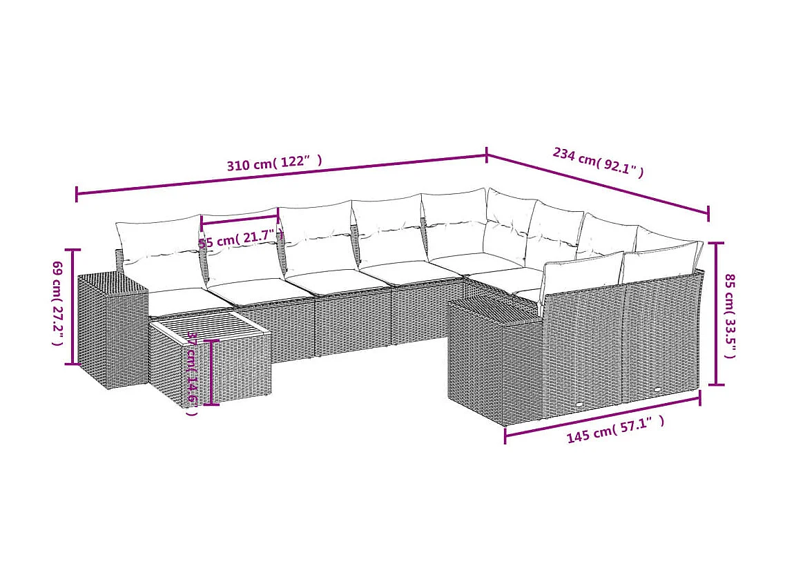Salon de jardin avec coussins 10 pcs gris résine tressée