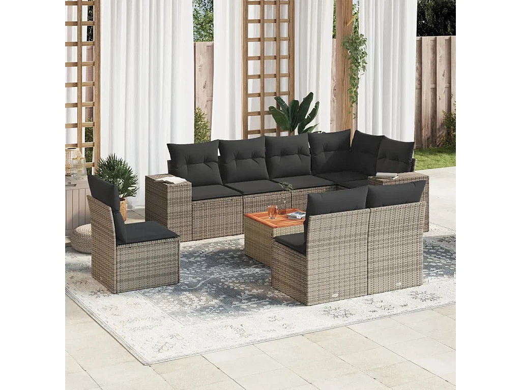 Salon de jardin 9 pcs avec coussins gris résine tressée