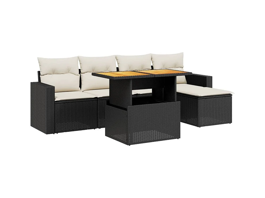 Salon de jardin 6 pcs avec coussins noir résine tressée