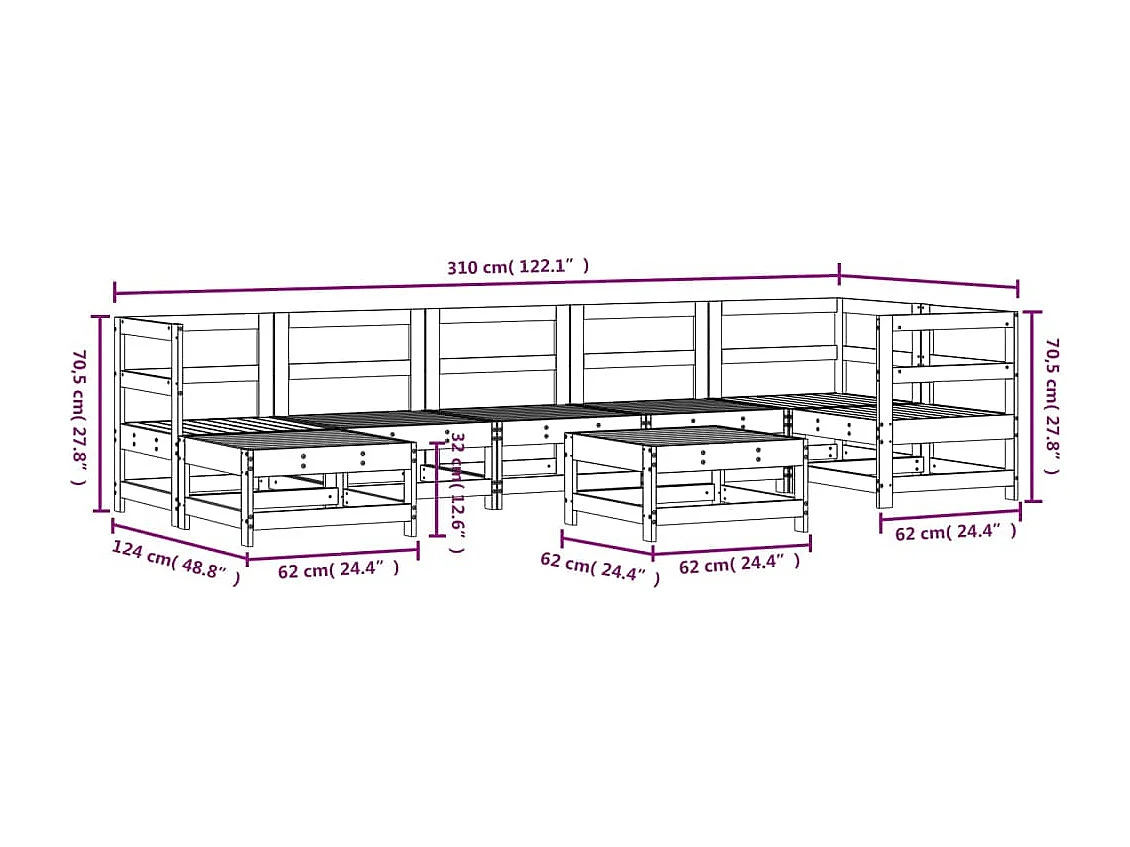 Salon de jardin 8 pcs Blanc Bois de pin massif
