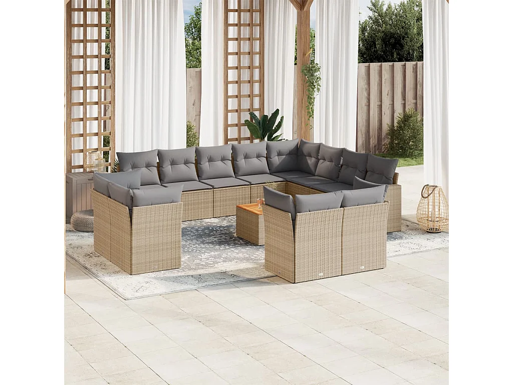 Salon de jardin avec coussins 13 pcs beige résine tressée
