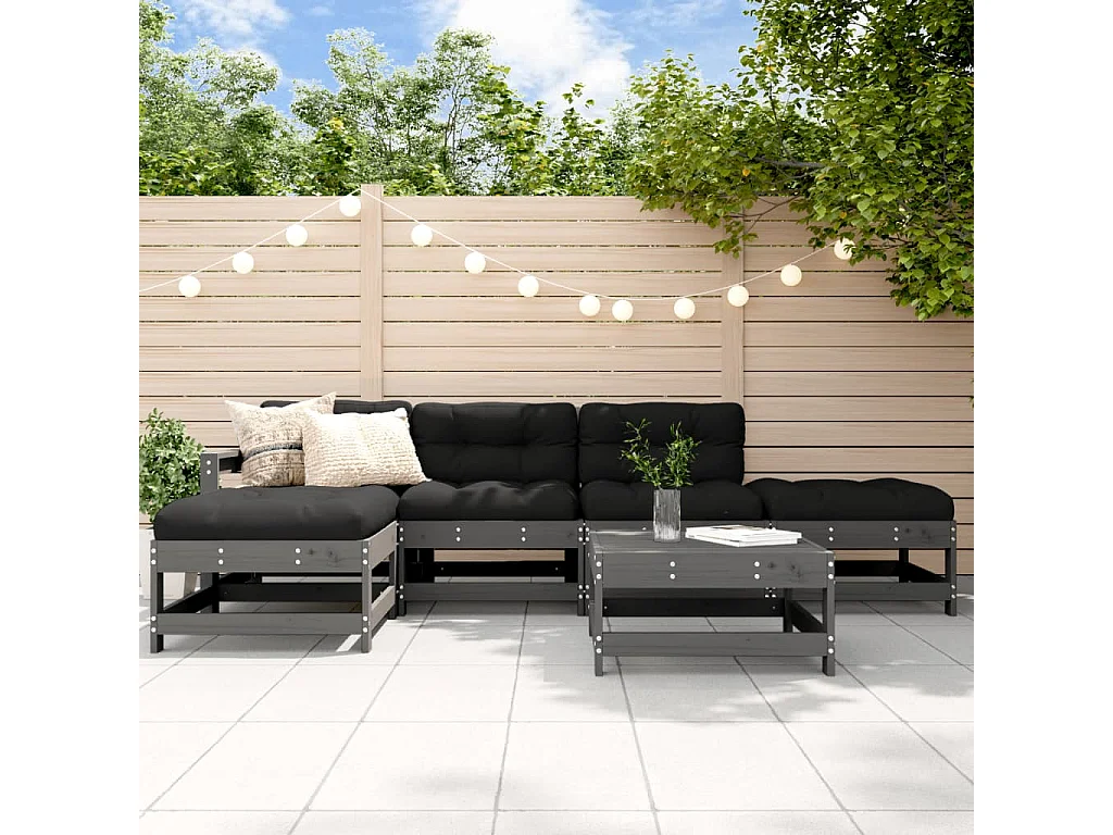 Salon de jardin 6 pcs avec coussins gris bois massif